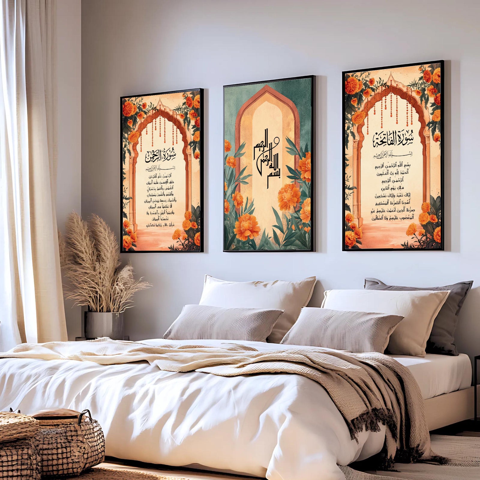 Set of 3 framed canvas triptych with Surah Al-Rahman, Bismillah and Surah Al-Fatiha in Arabic calligraphy inside terracotta arches with orange marigold flowers and teal accents, displayed above a neutral sofa.