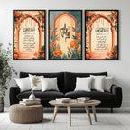 Set of 3 framed canvas triptych with Surah Al-Rahman, Bismillah and Surah Al-Fatiha in Arabic calligraphy inside terracotta arches with orange marigold flowers and teal accents, displayed above a neutral sofa.