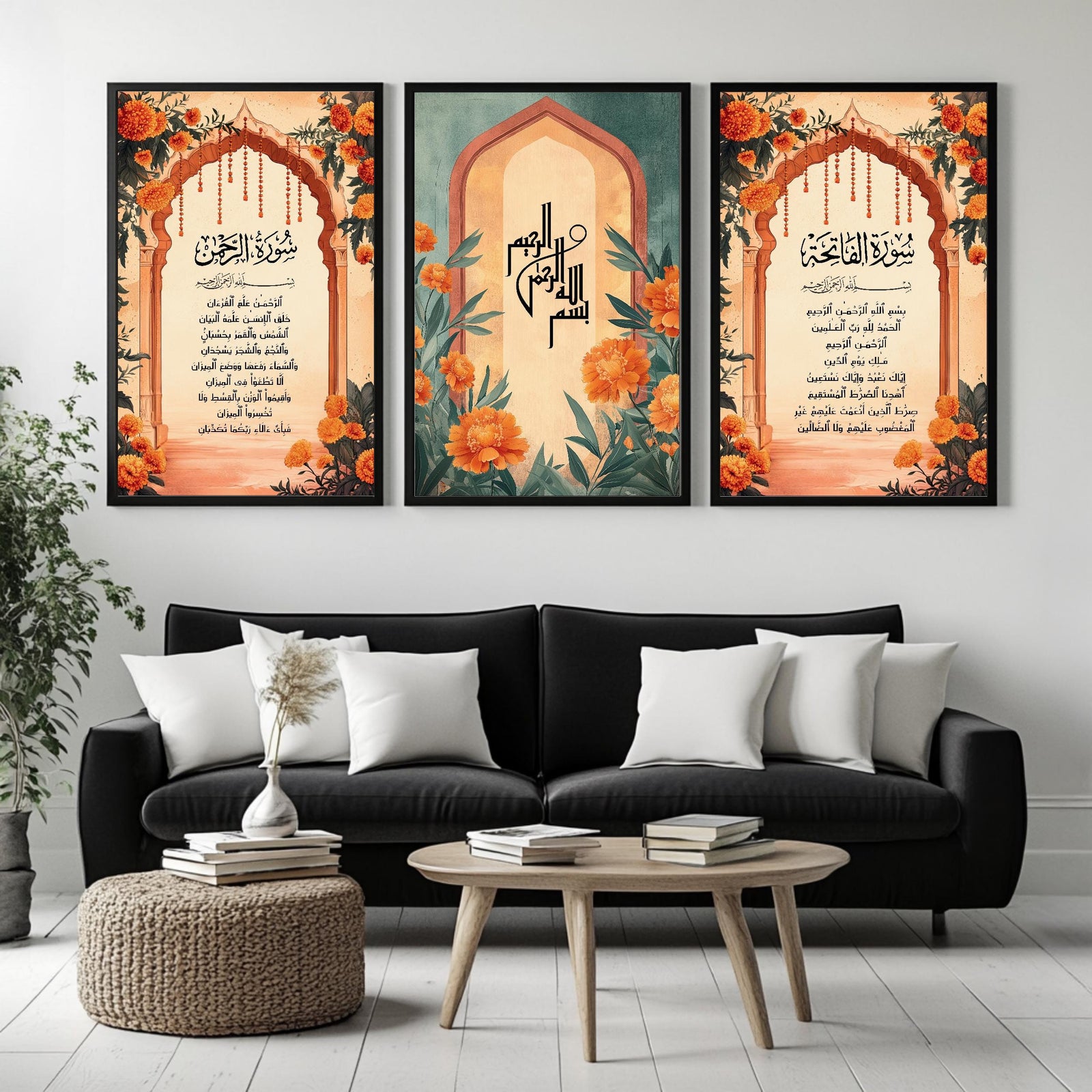 Set of 3 framed canvas triptych with Surah Al-Rahman, Bismillah and Surah Al-Fatiha in Arabic calligraphy inside terracotta arches with orange marigold flowers and teal accents, displayed above a neutral sofa.