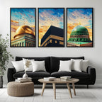 Set of 3 framed canvas triptych showing close-up domes of the Dome of the Rock, Kaaba and Al-Masjid An-Nabawi in bold impressionist brushstrokes with vibrant blue and golden skies and birds in flight.