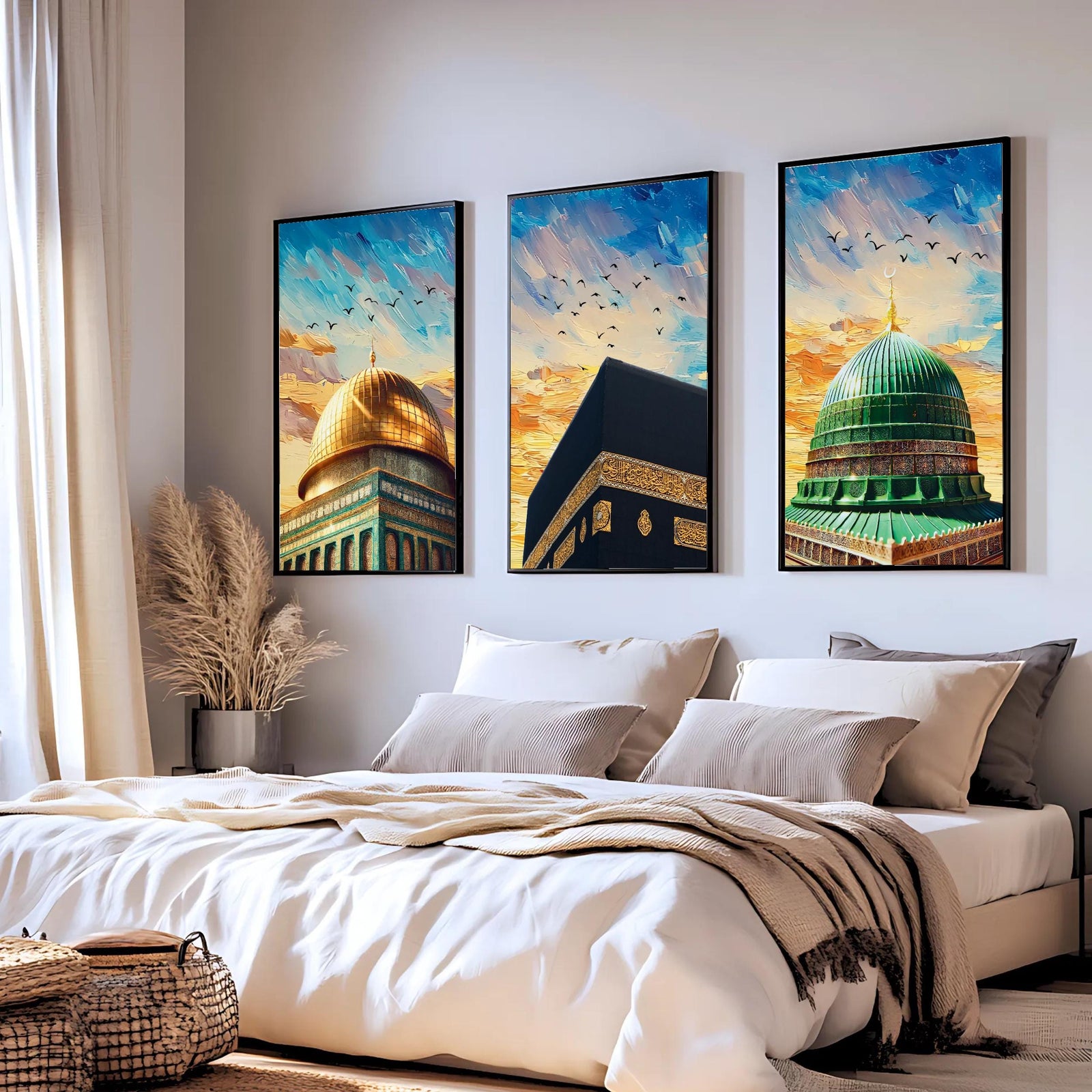 Set of 3 framed canvas triptych showing close-up domes of the Dome of the Rock, Kaaba and Al-Masjid An-Nabawi in bold impressionist brushstrokes with vibrant blue and golden skies and birds in flight.