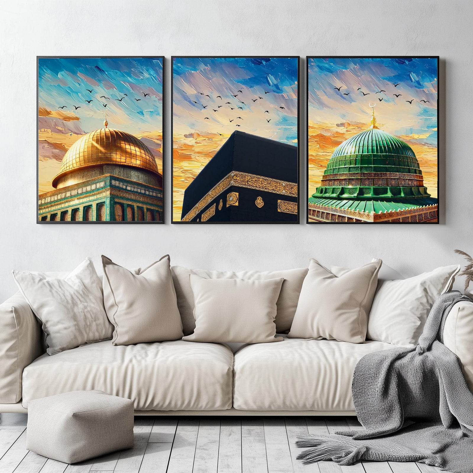 Set of 3 framed canvas triptych showing close-up domes of the Dome of the Rock, Kaaba and Al-Masjid An-Nabawi in bold impressionist brushstrokes with vibrant blue and golden skies and birds in flight.