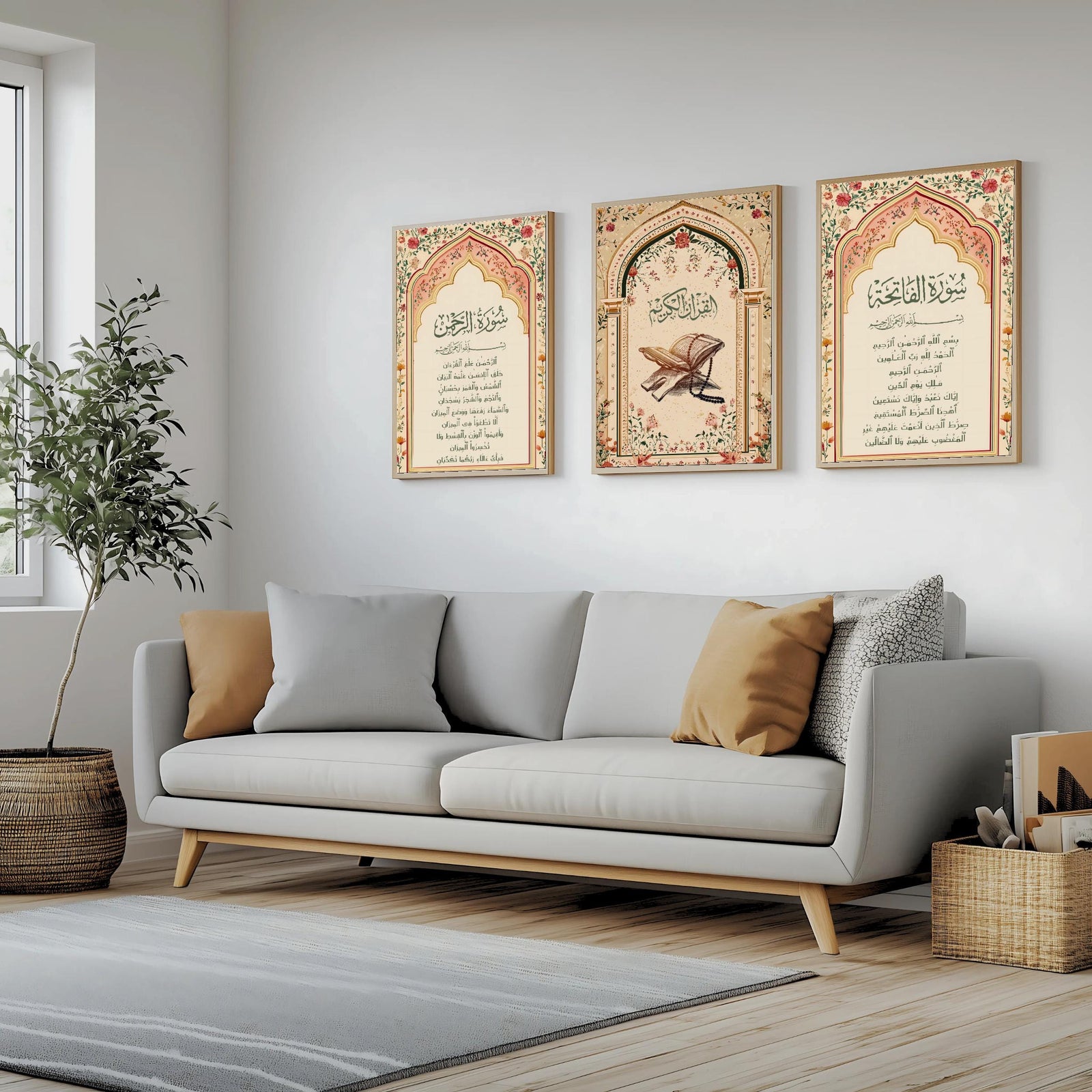 Set of 3 framed canvas triptych featuring Surah Al-Rahman, Al-Quran Al-Kareem and Surah Al-Fatiha in Arabic calligraphy inside floral pink and gold Islamic arches on a warm cream background, displayed above a neutral sofa.