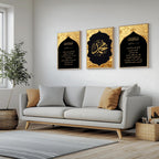 Set of 3 framed canvas triptych featuring Surah Al-Maoun, Muhammad in Arabic calligraphy and Surah Al-Fatiha in gold on dramatic black arch panels with gold textured background, displayed above a neutral sofa.
