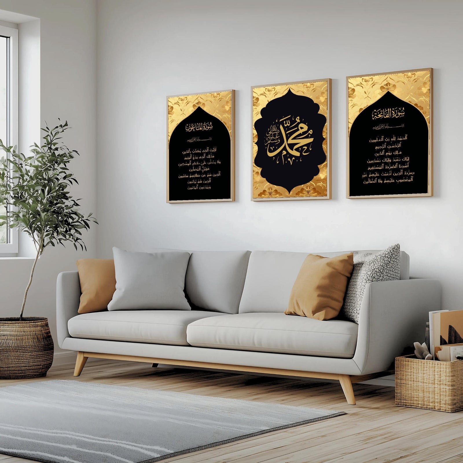 Set of 3 framed canvas triptych featuring Surah Al-Maoun, Muhammad in Arabic calligraphy and Surah Al-Fatiha in gold on dramatic black arch panels with gold textured background, displayed above a neutral sofa.