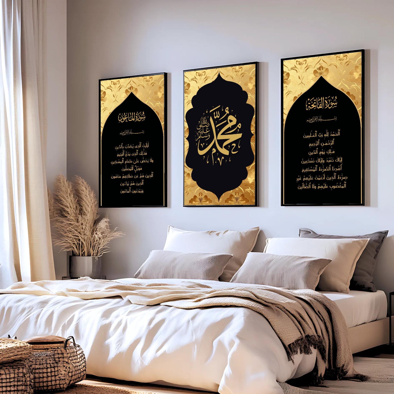 Set of 3 framed canvas triptych featuring Surah Al-Maoun, Muhammad in Arabic calligraphy and Surah Al-Fatiha in gold on dramatic black arch panels with gold textured background, displayed above a neutral sofa.