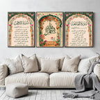Set of 3 framed canvas triptych with Surah Al-Rahman, large Bismillah calligraphy and Surah Al-Fatiha inside vibrant green and pink Mughal floral arches on a warm cream background, displayed above a neutral sofa.