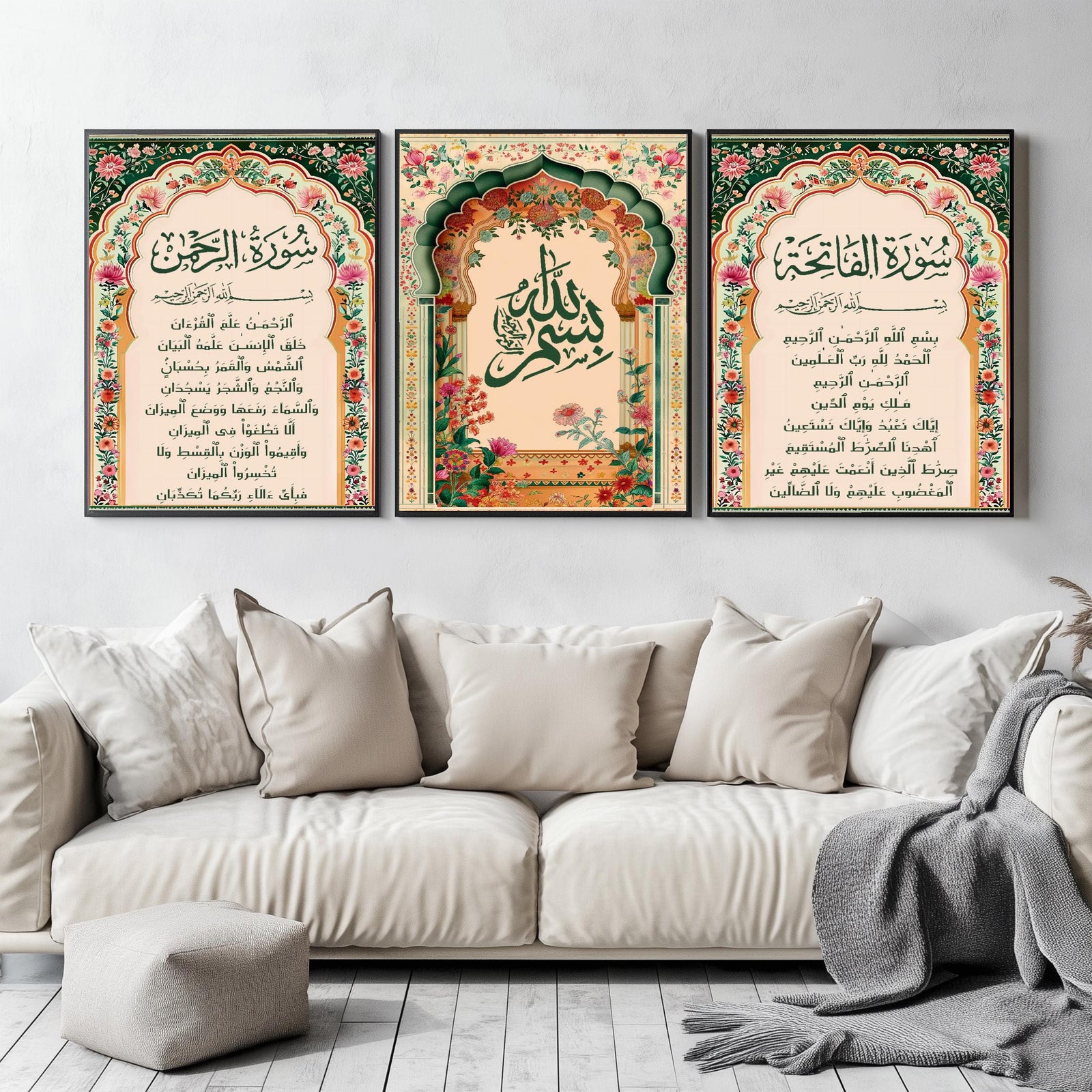 Set of 3 framed canvas triptych with Surah Al-Rahman, large Bismillah calligraphy and Surah Al-Fatiha inside vibrant green and pink Mughal floral arches on a warm cream background, displayed above a neutral sofa.