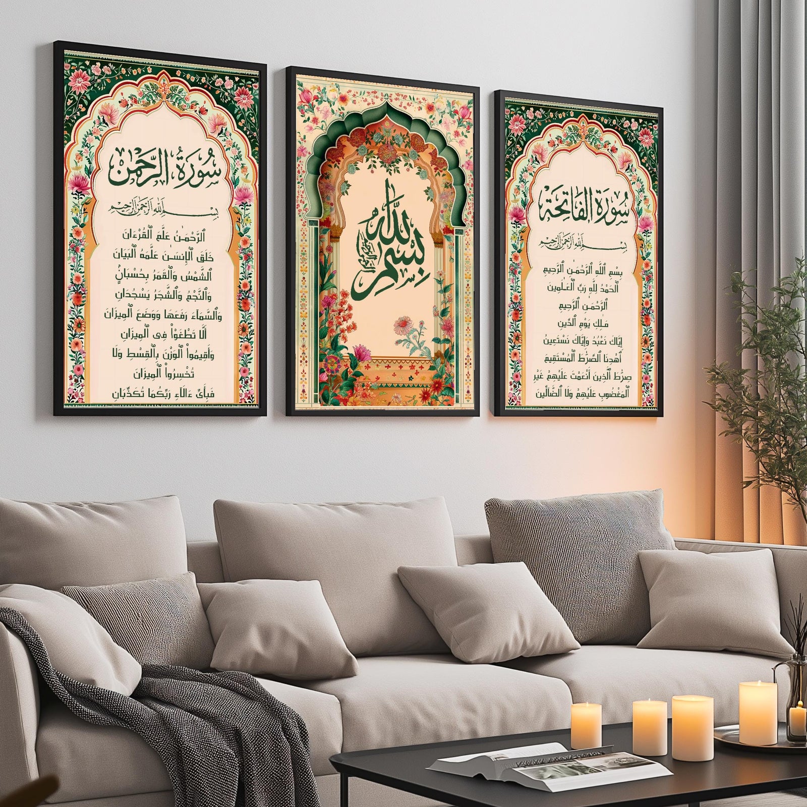Set of 3 framed canvas triptych with Surah Al-Rahman, large Bismillah calligraphy and Surah Al-Fatiha inside vibrant green and pink Mughal floral arches on a warm cream background, displayed above a neutral sofa.