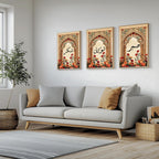 Set of 3 framed canvas triptych featuring Sabr, Shukr and Tawakkul Arabic calligraphy on ornate golden Islamic arches with vibrant floral bouquets in warm tones, displayed above a neutral sofa in a modern living room.