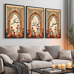 Set of 3 framed canvas triptych featuring Sabr, Shukr and Tawakkul Arabic calligraphy on ornate golden Islamic arches with vibrant floral bouquets in warm tones, displayed above a neutral sofa in a modern living room.