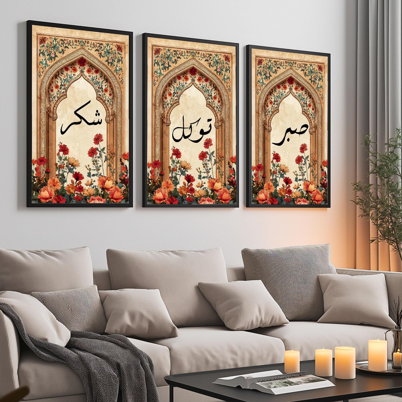 Set of 3 framed canvas triptych featuring Sabr, Shukr and Tawakkul Arabic calligraphy on ornate golden Islamic arches with vibrant floral bouquets in warm tones, displayed above a neutral sofa in a modern living room.