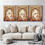 Set of 3 framed canvas triptych featuring Sabr, Shukr and Tawakkul Arabic calligraphy on ornate golden Islamic arches with vibrant floral bouquets in warm tones, displayed above a neutral sofa in a modern living room.