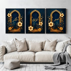 Set of 3 framed canvas triptych with Sabr, Shukr and Tawakkul in gold Arabic calligraphy inside ornate navy and gold Islamic arches surrounded by yellow and dark blue flowers, displayed above a grey sofa.