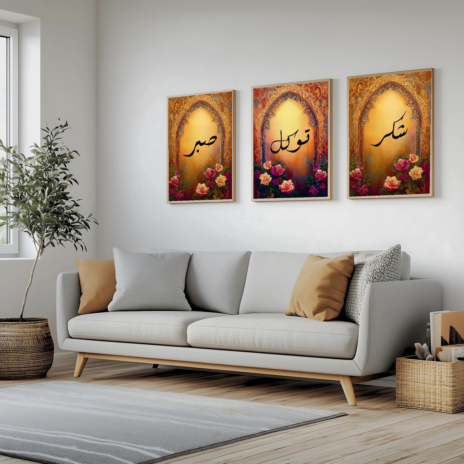 Set of 3 framed canvas triptych with Sabr, Shukr and Tawakkul Arabic calligraphy inside golden Islamic arches, rich red and amber tones with painted roses, displayed on a warm neutral wall above a grey sofa.