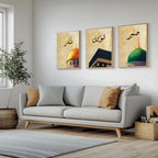 Set of 3 framed canvas triptych featuring Shukr, Tawakkul and Sabr in Arabic calligraphy above close-up domes of the Dome of the Rock, Kaaba and Al-Masjid An-Nabawi on a gold textured background.