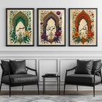 Set of 3 framed canvas triptych with Sabr, Tawakkul and Shukr in Arabic calligraphy inside green, purple and terracotta Mughal arches surrounded by intricate botanical florals on a cream parchment background.