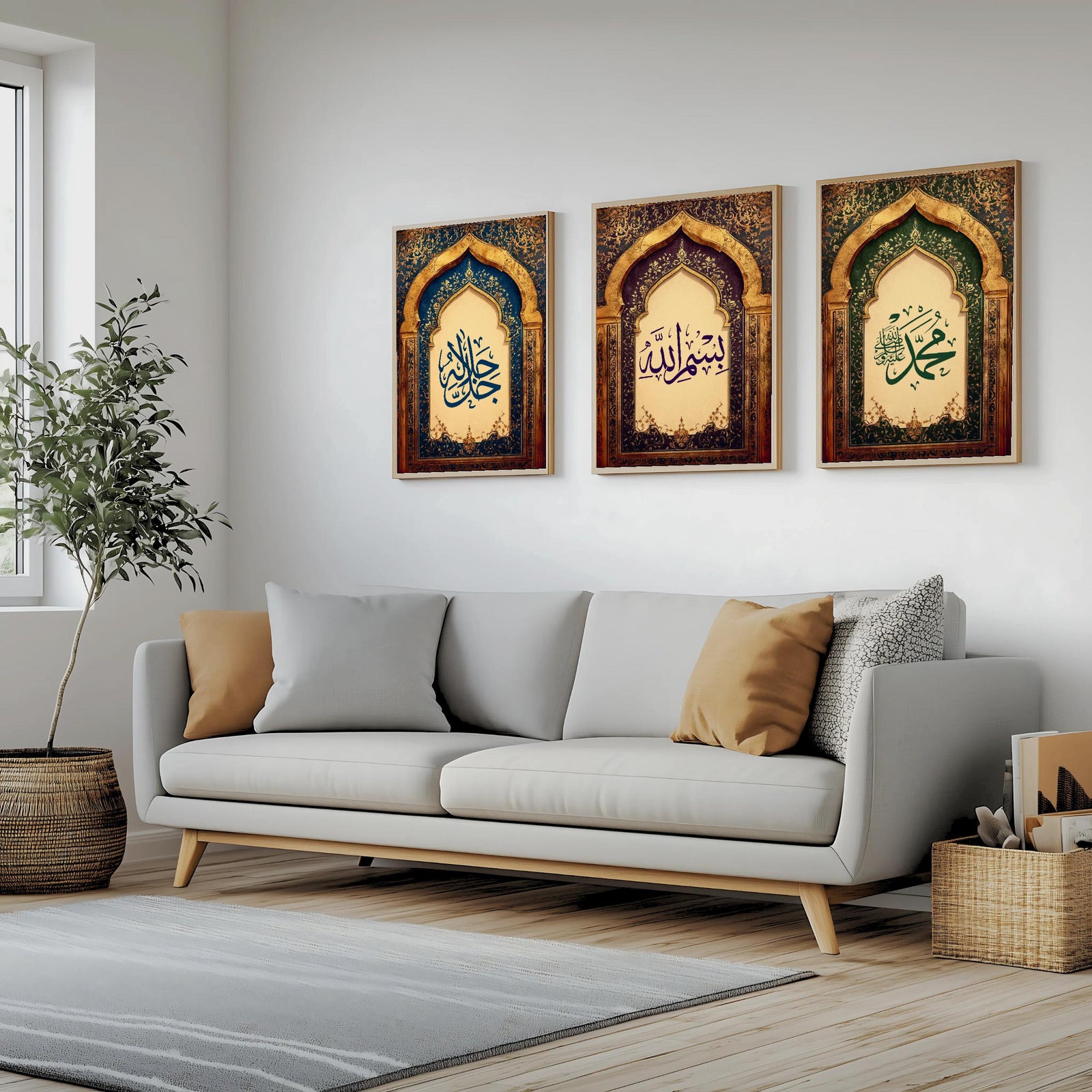 Set of 3 framed canvas triptych featuring Allah, Bismillah and Muhammad in Arabic calligraphy inside ornate gold Islamic arches on rich blue, purple and green jewel tone backgrounds, displayed above a neutral sofa.