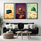 Set of 3 framed canvas triptych showing the Kaaba, Dome of the Rock and Al-Masjid An-Nabawi with oversized peony flowers and birds in flight, each panel on a distinct yellow, purple and green background.