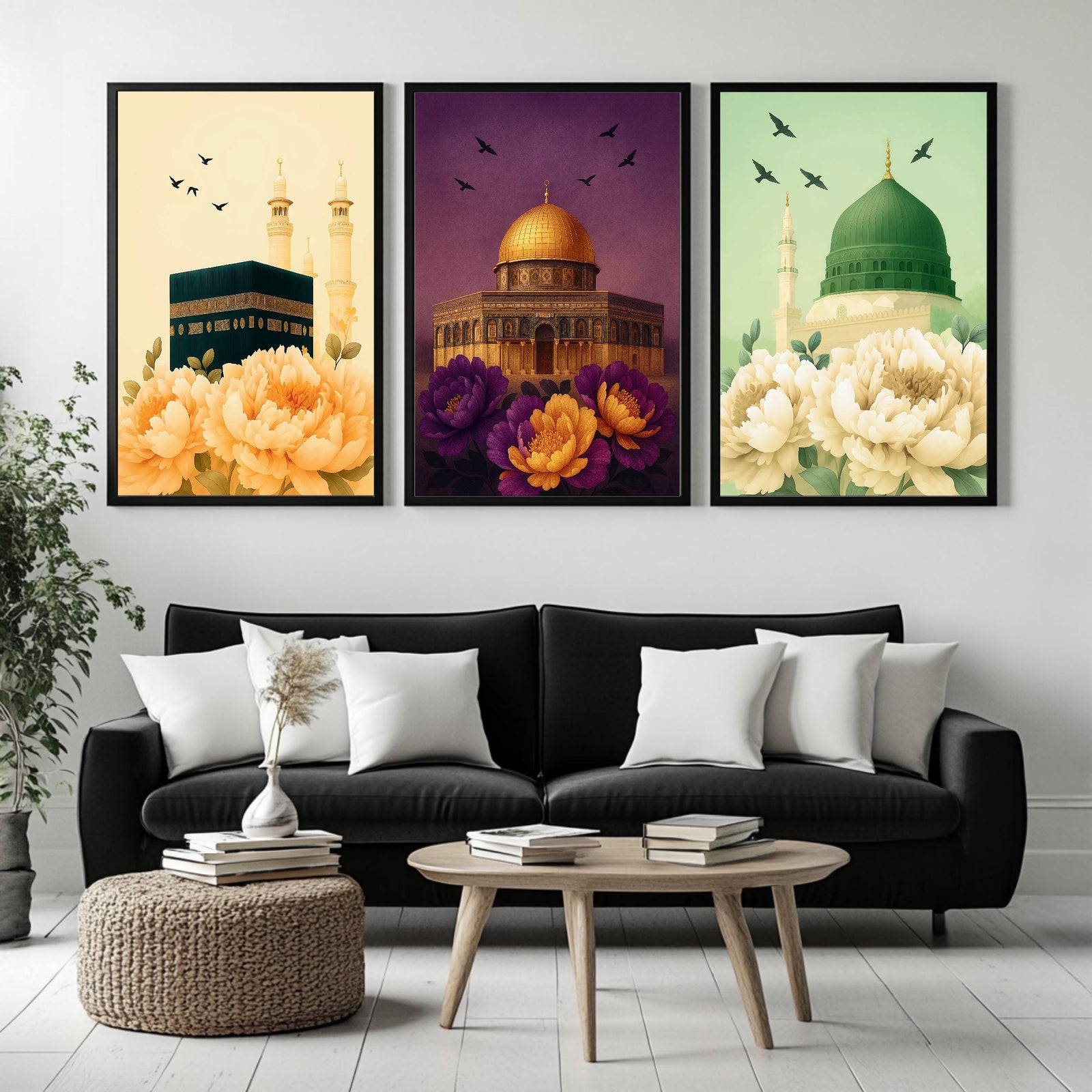 Set of 3 framed canvas triptych showing the Kaaba, Dome of the Rock and Al-Masjid An-Nabawi with oversized peony flowers and birds in flight, each panel on a distinct yellow, purple and green background.