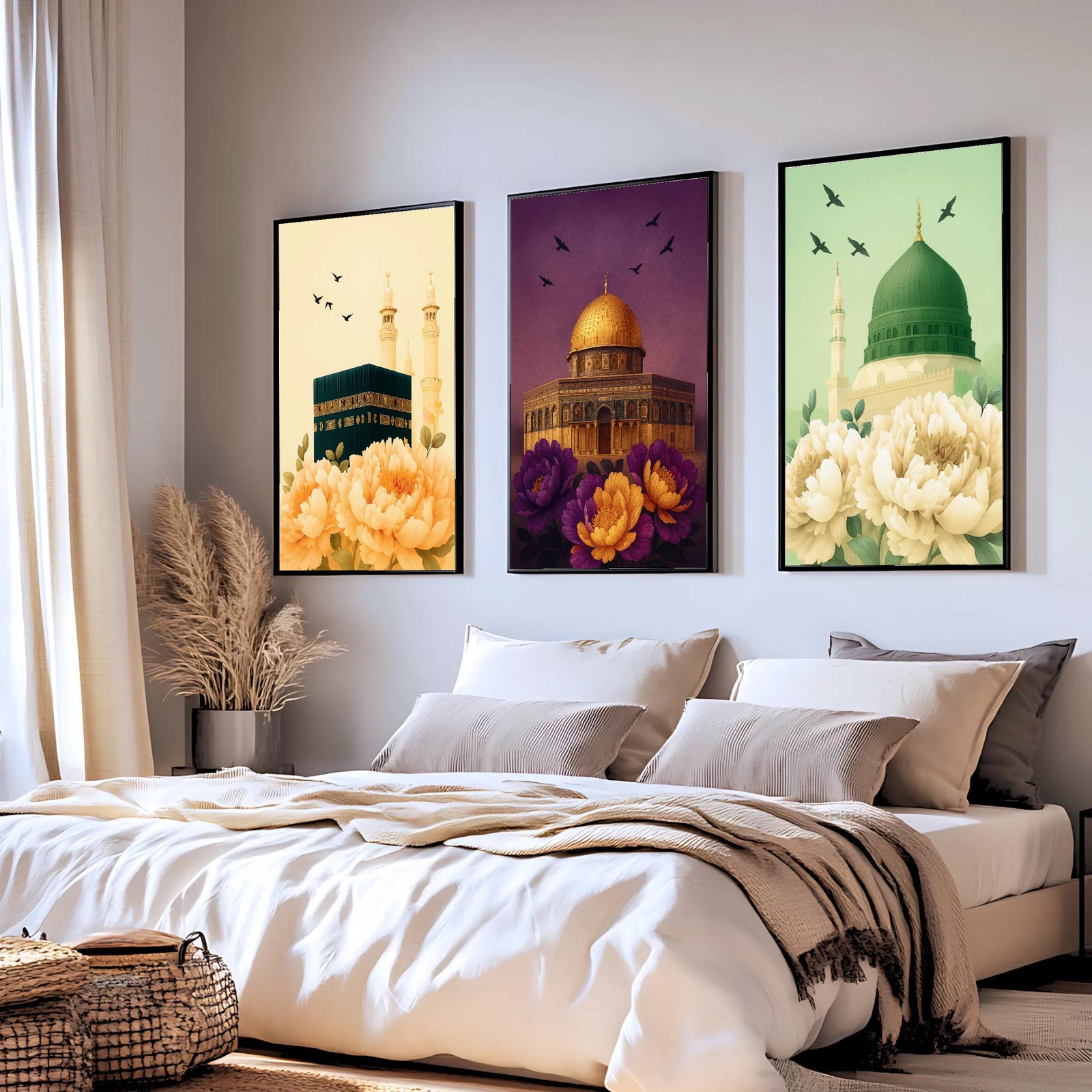 Set of 3 framed canvas triptych showing the Kaaba, Dome of the Rock and Al-Masjid An-Nabawi with oversized peony flowers and birds in flight, each panel on a distinct yellow, purple and green background.