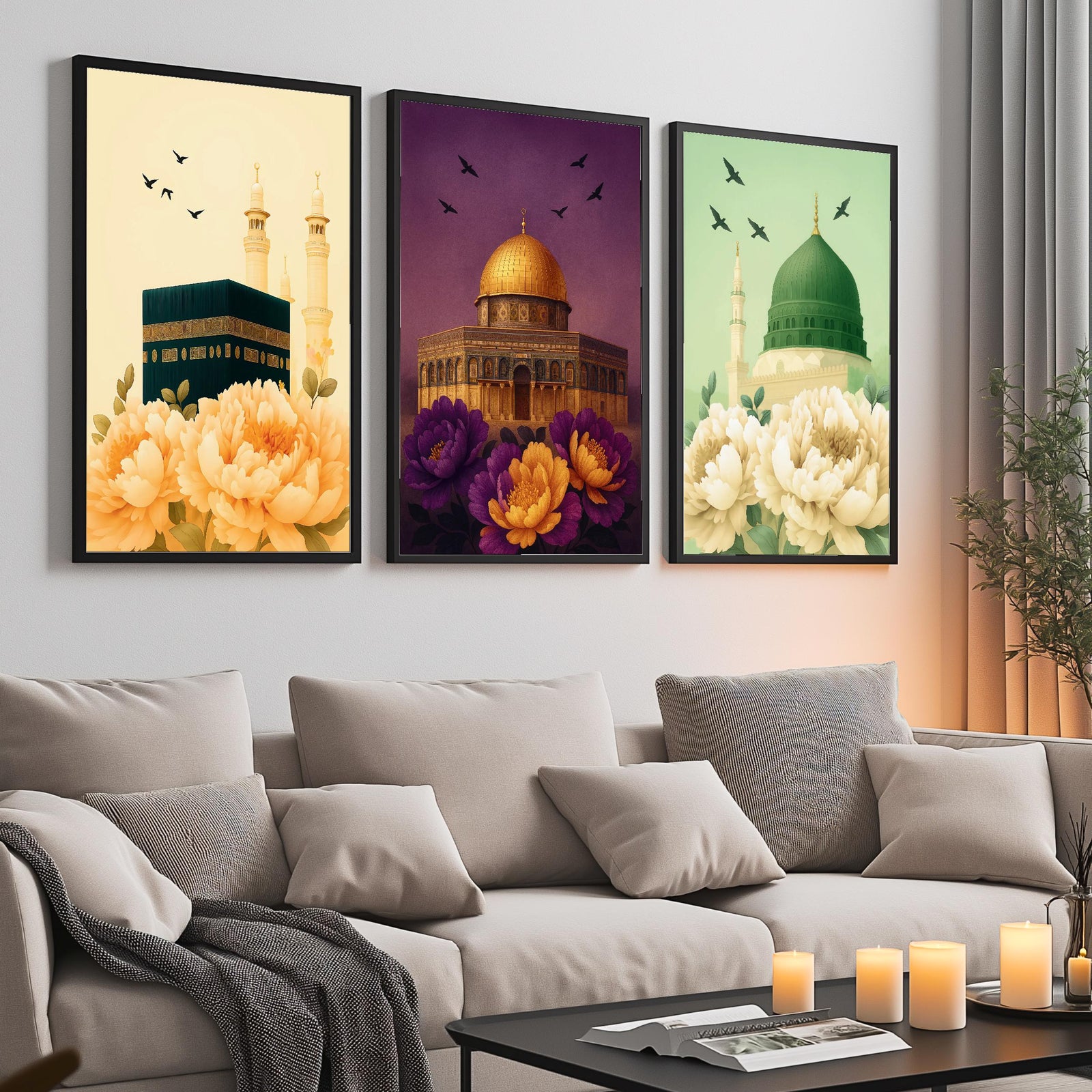 Set of 3 framed canvas triptych showing the Kaaba, Dome of the Rock and Al-Masjid An-Nabawi with oversized peony flowers and birds in flight, each panel on a distinct yellow, purple and green background.
