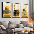 Set of 3 framed canvas triptych depicting the Dome of the Rock, the Kaaba and Al-Masjid An-Nabawi in a soft antique sepia and gold manuscript style, displayed above a neutral sofa in a modern living room.