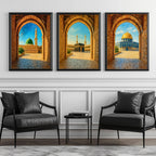 Set of 3 framed canvas triptych showing Al-Masjid An-Nabawi, the Kaaba and the Dome of the Rock viewed through realistic rustic sandstone arches with cobblestone courtyards under a bright blue sky, displayed above a neutral sofa.