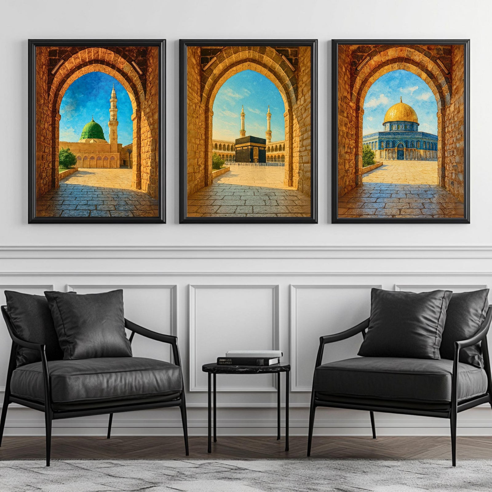 Set of 3 framed canvas triptych showing Al-Masjid An-Nabawi, the Kaaba and the Dome of the Rock viewed through realistic rustic sandstone arches with cobblestone courtyards under a bright blue sky, displayed above a neutral sofa.