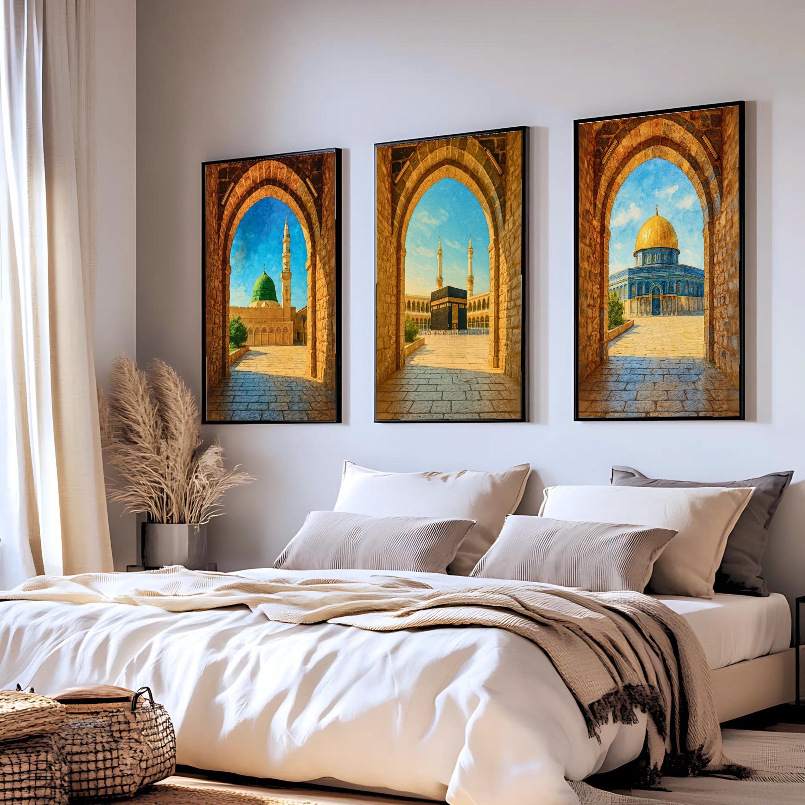 Set of 3 framed canvas triptych showing Al-Masjid An-Nabawi, the Kaaba and the Dome of the Rock viewed through realistic rustic sandstone arches with cobblestone courtyards under a bright blue sky, displayed above a neutral sofa.