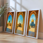 Set of 3 framed canvas triptych showing Al-Masjid An-Nabawi, the Kaaba and the Dome of the Rock viewed through realistic rustic sandstone arches with cobblestone courtyards under a bright blue sky, displayed above a neutral sofa.