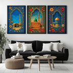 Set of 3 framed canvas triptych showing the Dome of the Rock, Al-Masjid An-Nabawi and Masjid Al-Haram inside ornate floral Islamic arches in rich blue and gold tones, displayed above a neutral sofa.