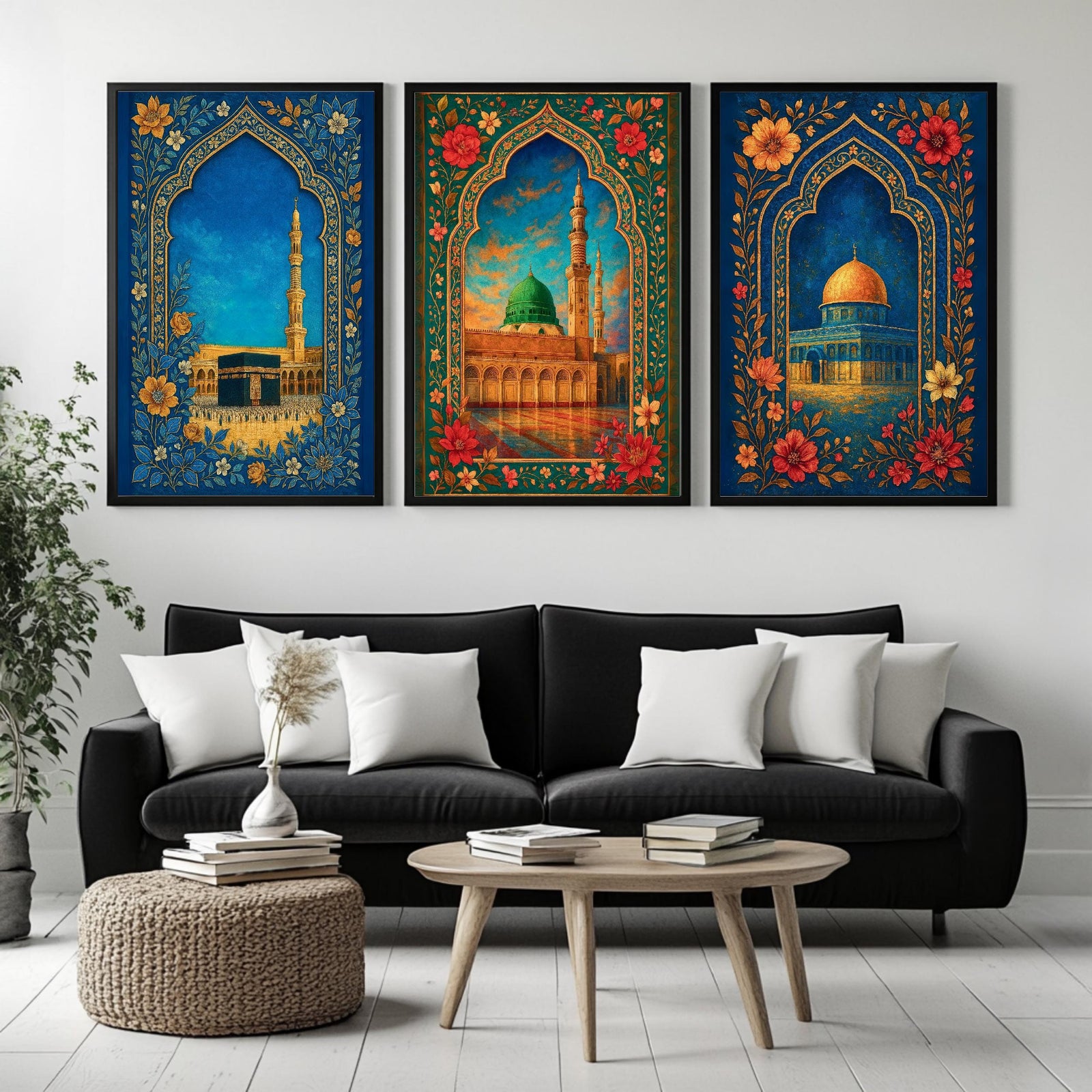 Set of 3 framed canvas triptych showing the Dome of the Rock, Al-Masjid An-Nabawi and Masjid Al-Haram inside ornate floral Islamic arches in rich blue and gold tones, displayed above a neutral sofa.