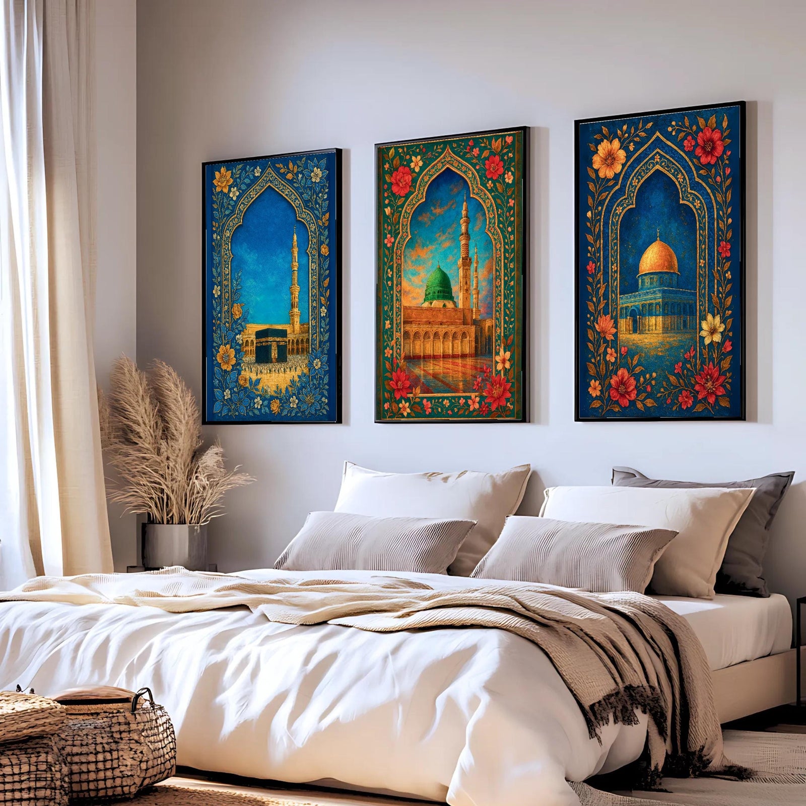 Set of 3 framed canvas triptych showing the Dome of the Rock, Al-Masjid An-Nabawi and Masjid Al-Haram inside ornate floral Islamic arches in rich blue and gold tones, displayed above a neutral sofa.