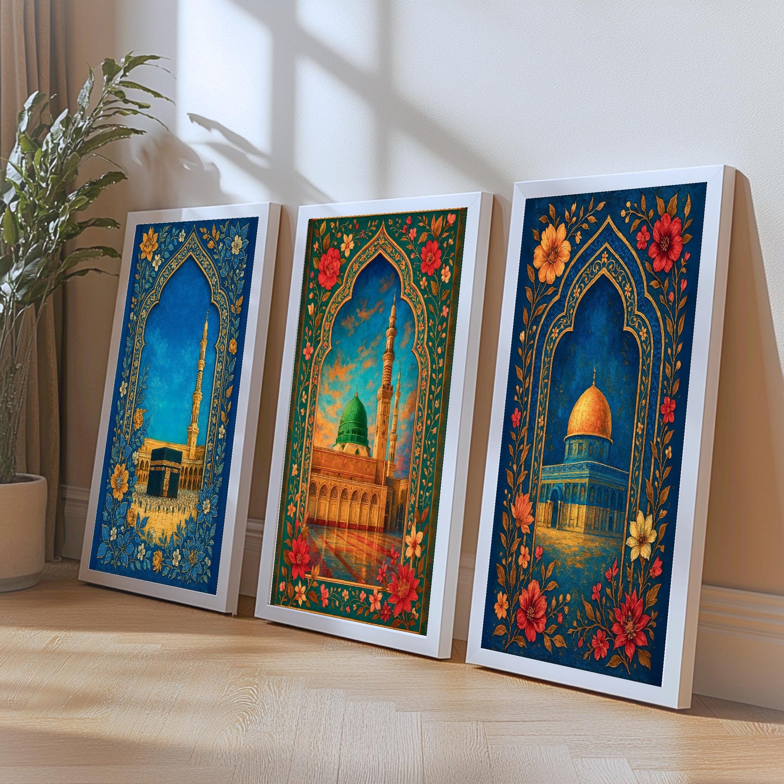 Set of 3 framed canvas triptych showing the Dome of the Rock, Al-Masjid An-Nabawi and Masjid Al-Haram inside ornate floral Islamic arches in rich blue and gold tones, displayed above a neutral sofa.