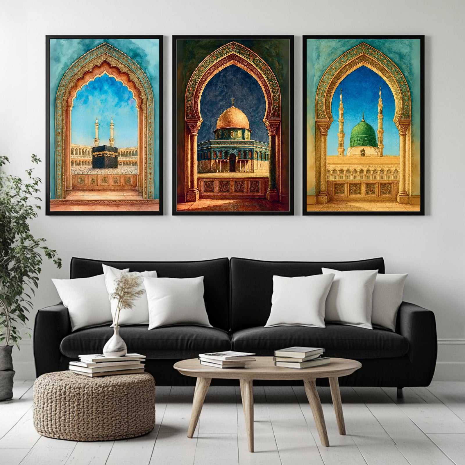 Set of 3 framed canvas triptych showing the Kaaba, Dome of the Rock and Al-Masjid An-Nabawi framed through ornate Islamic arches in rich watercolor teal, blue and gold tones, displayed above a neutral sofa.