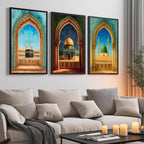 Set of 3 framed canvas triptych showing the Kaaba, Dome of the Rock and Al-Masjid An-Nabawi framed through ornate Islamic arches in rich watercolor teal, blue and gold tones, displayed above a neutral sofa.