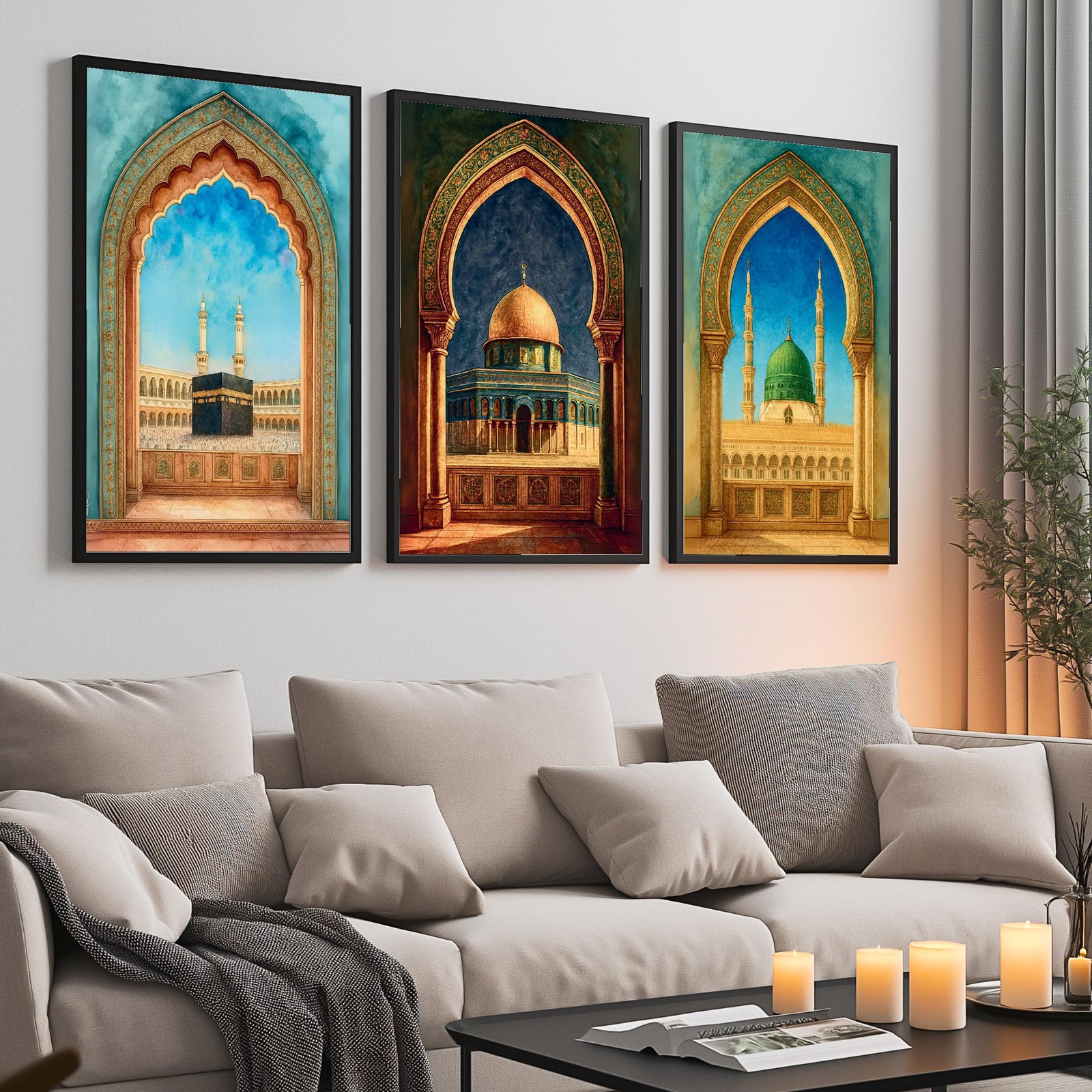 Set of 3 framed canvas triptych showing the Kaaba, Dome of the Rock and Al-Masjid An-Nabawi framed through ornate Islamic arches in rich watercolor teal, blue and gold tones, displayed above a neutral sofa.