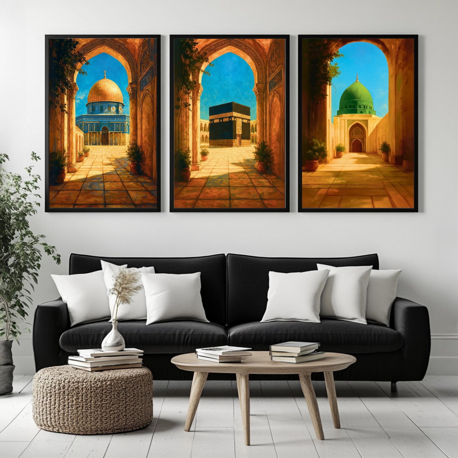 Set of 3 framed canvas triptych depicting the Dome of the Rock, the Kaaba and Al-Masjid An-Nabawi viewed through warm stone arches in a rich painterly style, displayed above a neutral sofa in a modern living room.