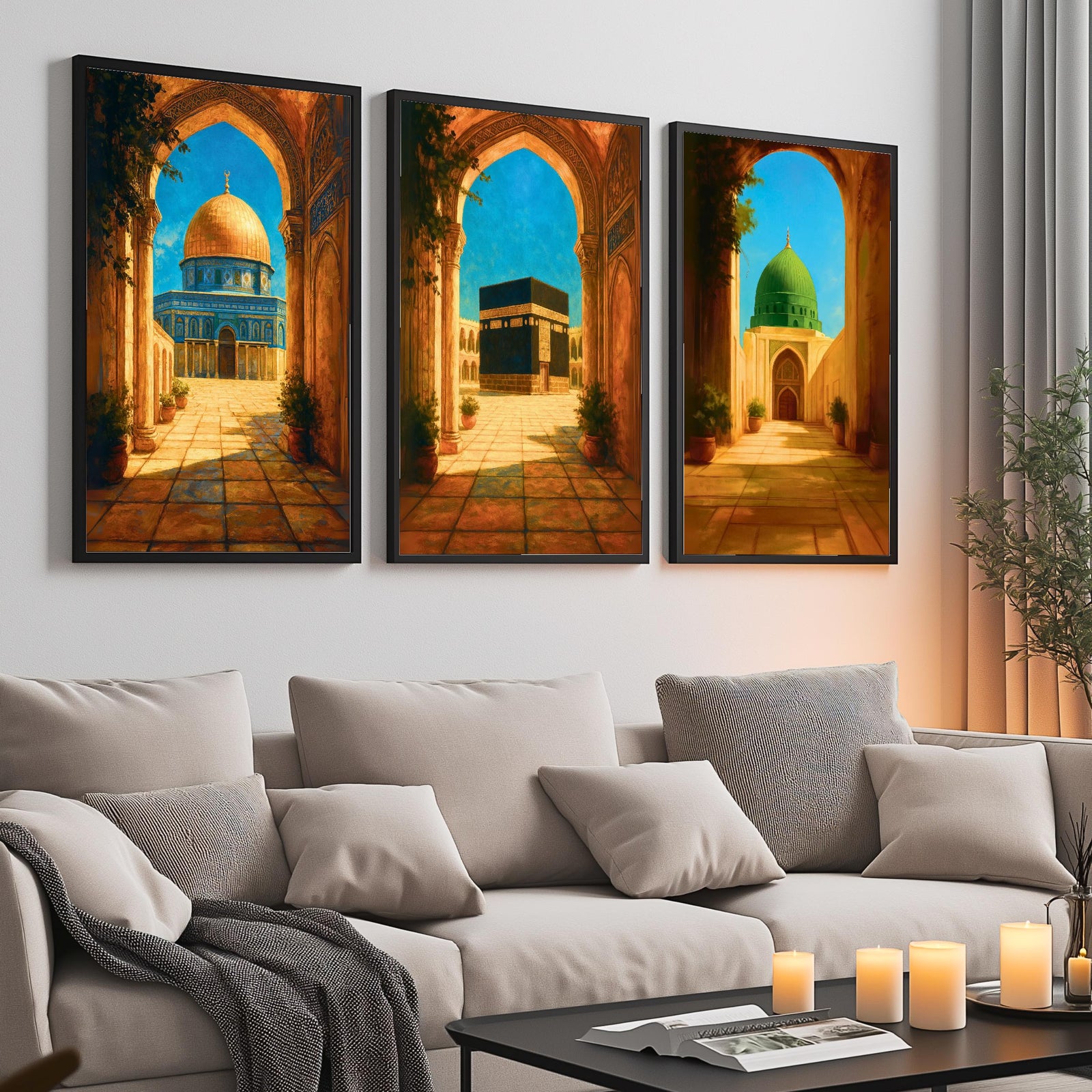 Set of 3 framed canvas triptych depicting the Dome of the Rock, the Kaaba and Al-Masjid An-Nabawi viewed through warm stone arches in a rich painterly style, displayed above a neutral sofa in a modern living room.