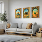 Set of 3 framed canvas triptych depicting Al-Masjid An-Nabawi, the Kaaba and the Dome of the Rock in warm golden mosaic style with vibrant floral arch borders, displayed above a neutral sofa.