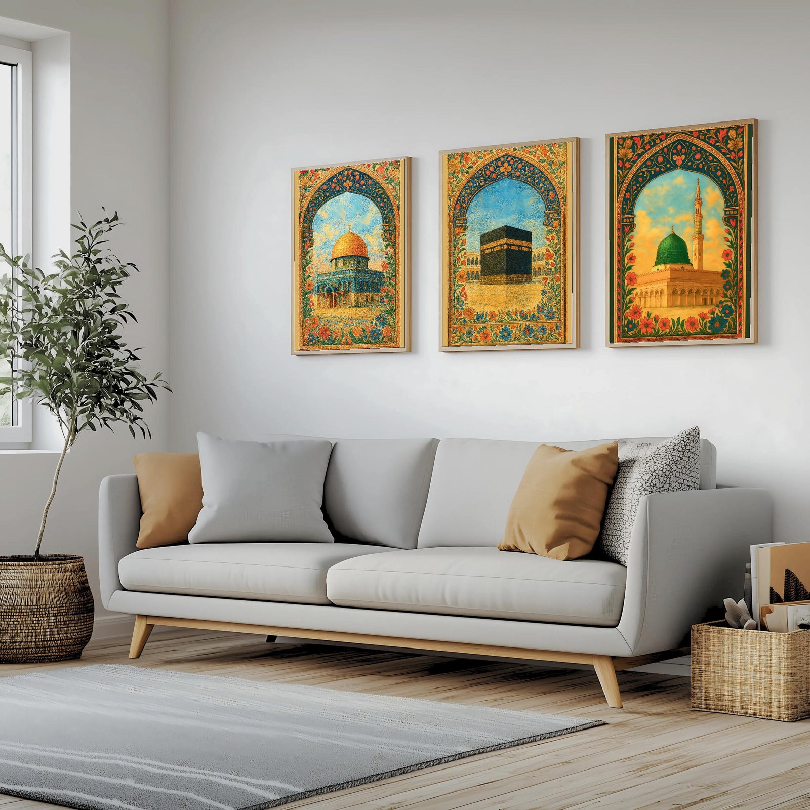 Set of 3 framed canvas triptych depicting Al-Masjid An-Nabawi, the Kaaba and the Dome of the Rock in warm golden mosaic style with vibrant floral arch borders, displayed above a neutral sofa.