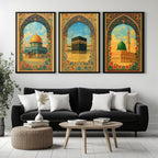 Set of 3 framed canvas triptych depicting Al-Masjid An-Nabawi, the Kaaba and the Dome of the Rock in warm golden mosaic style with vibrant floral arch borders, displayed above a neutral sofa.