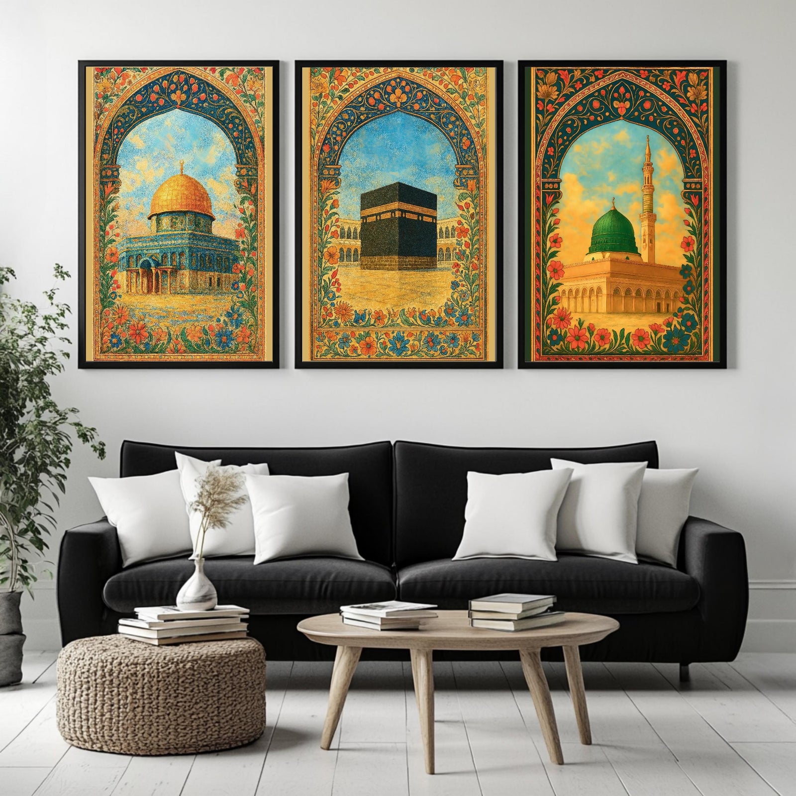 Set of 3 framed canvas triptych depicting Al-Masjid An-Nabawi, the Kaaba and the Dome of the Rock in warm golden mosaic style with vibrant floral arch borders, displayed above a neutral sofa.