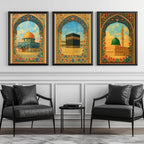 Set of 3 framed canvas triptych depicting Al-Masjid An-Nabawi, the Kaaba and the Dome of the Rock in warm golden mosaic style with vibrant floral arch borders, displayed above a neutral sofa.