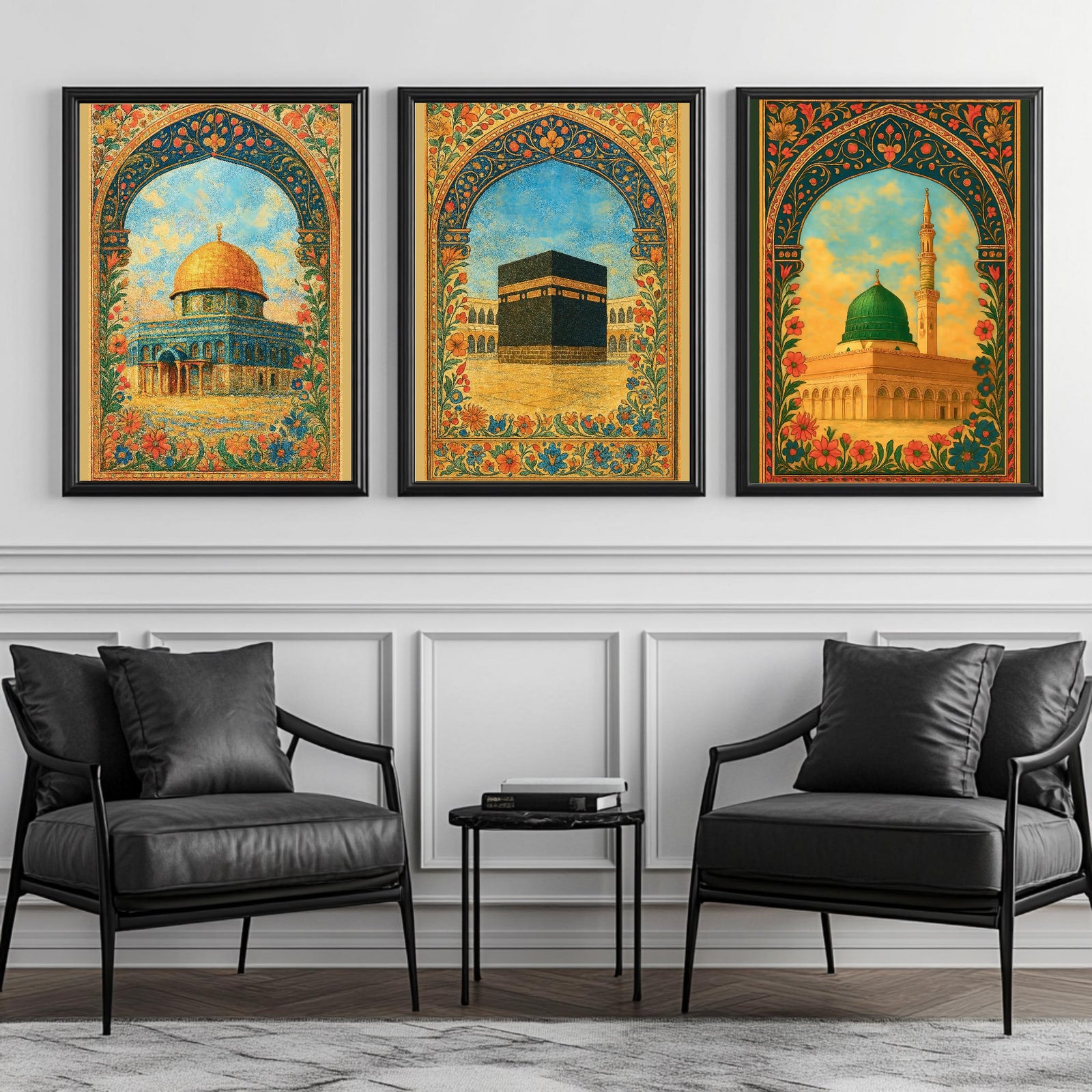 Set of 3 framed canvas triptych depicting Al-Masjid An-Nabawi, the Kaaba and the Dome of the Rock in warm golden mosaic style with vibrant floral arch borders, displayed above a neutral sofa.