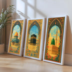Set of 3 framed canvas triptych depicting Al-Masjid An-Nabawi, the Kaaba and the Dome of the Rock in warm golden mosaic style with vibrant floral arch borders, displayed above a neutral sofa.