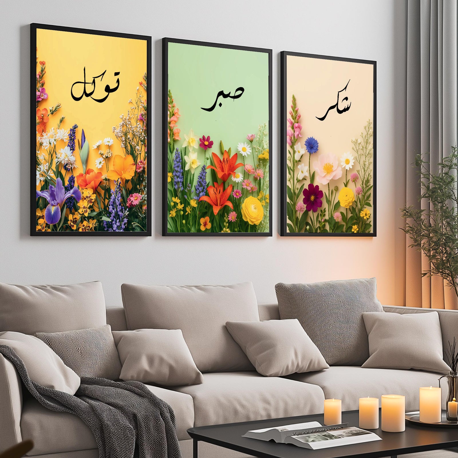 Set of 3 framed canvas triptych with Tawakkul, Sabr and Shukr in Arabic calligraphy above vibrant wildflower gardens on pastel yellow, green and peach backgrounds, displayed above a neutral sofa.