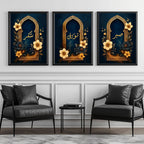 Set of 3 framed canvas triptych with Sabr, Shukr and Tawakkul in gold Arabic calligraphy inside ornate navy and gold Islamic arches surrounded by yellow and dark blue flowers, displayed above a grey sofa.