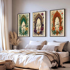 Set of 3 framed canvas triptych with Sabr, Tawakkul and Shukr in Arabic calligraphy inside green, purple and terracotta Mughal arches surrounded by intricate botanical florals on a cream parchment background.